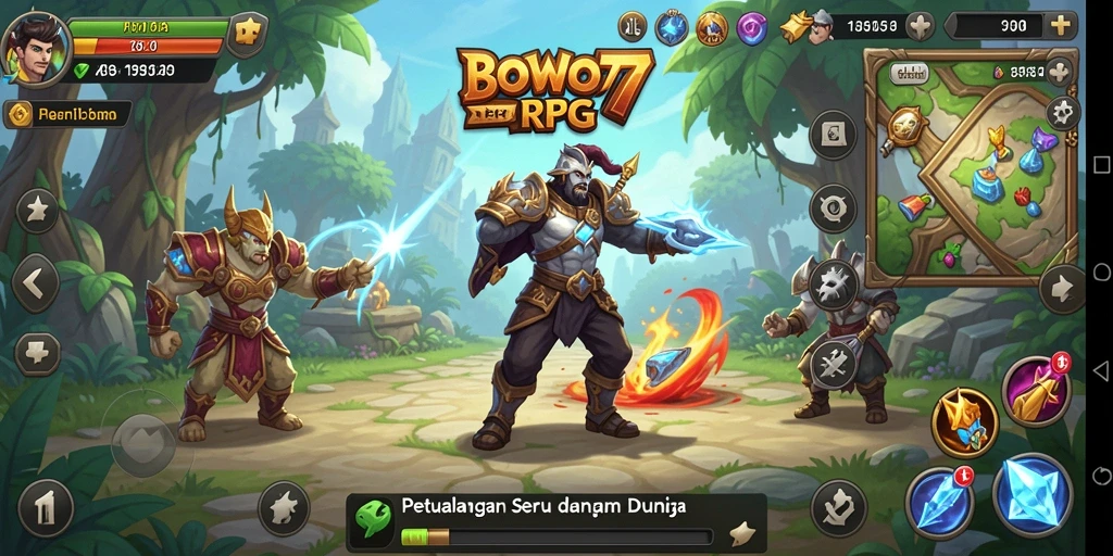 Screenshot gameplay BOWO77 menampilkan pertempuran seru di dunia fantasi.
