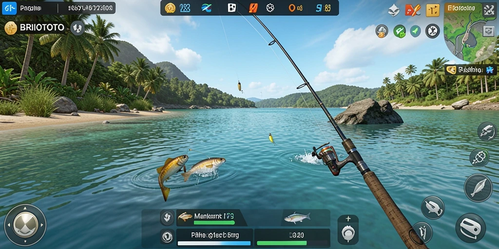 Tampilan gameplay BRIOTOTO dengan berbagai lokasi memancing yang menarik.