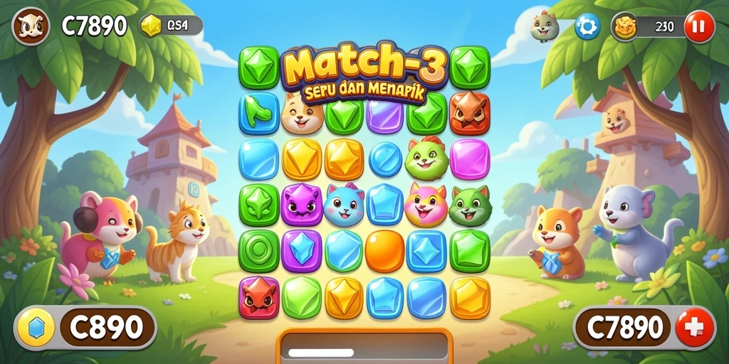 Screenshot C7890 menampilkan gameplay Match-3 yang penuh warna dan menarik.