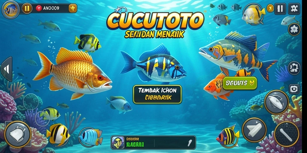 Screenshot gameplay CUCUTOTO menampilkan aksi menembak ikan yang mendebarkan.