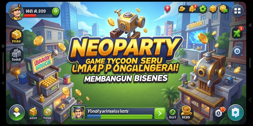 Tampilan gameplay <strong>NEOPARTY</strong> yang menakjubkan dengan berbagai elemen strategi bisnis.