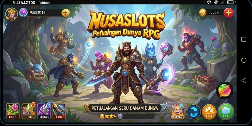 Tampilan gameplay NUSASLOTS dengan pertarungan karakter RPG.