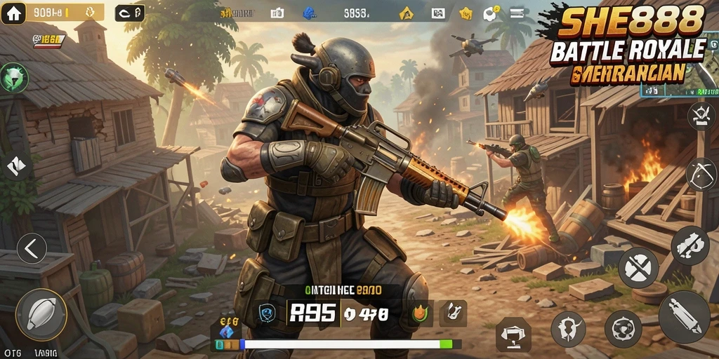 Tampilan gameplay intens dan mendebarkan dalam SHE888 Battle Royale.